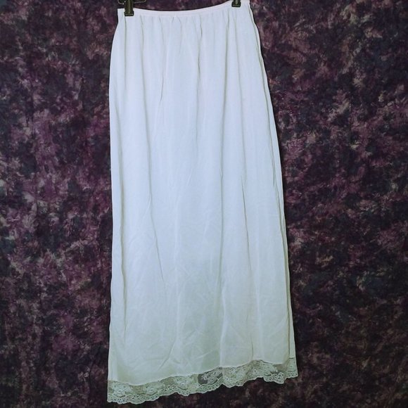 Vintage 60s Greenco Maid Long Half Slip-Skirt M(6) Lace Edge 15" Slit Cream Flaw - Picture 3 of 10